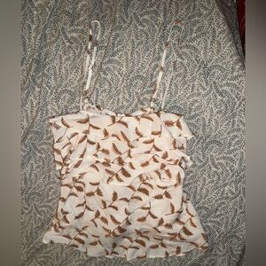 Versona White Ruffle Spaghetti Strap Camisole with Brown Leaf Print